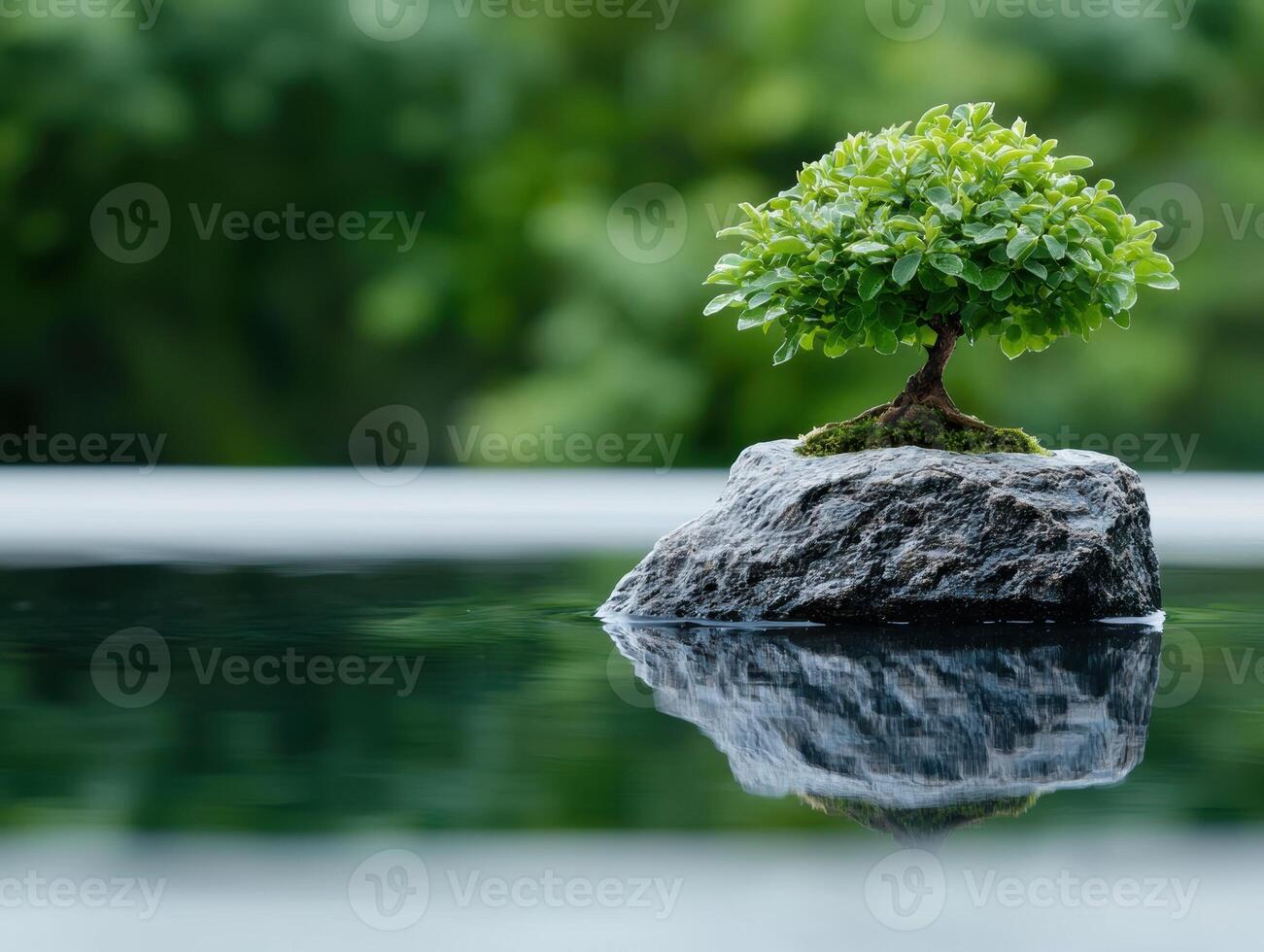 Miniature tree growing on rock in calm water photo