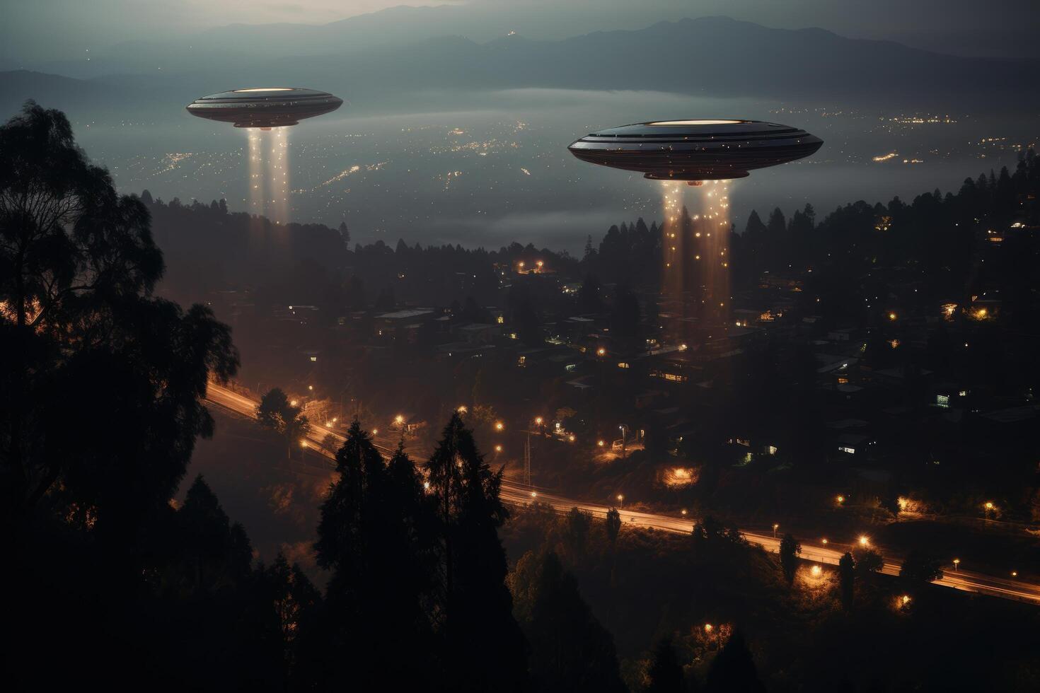 Mysterious UFOs hovering over a mountain town at night photo