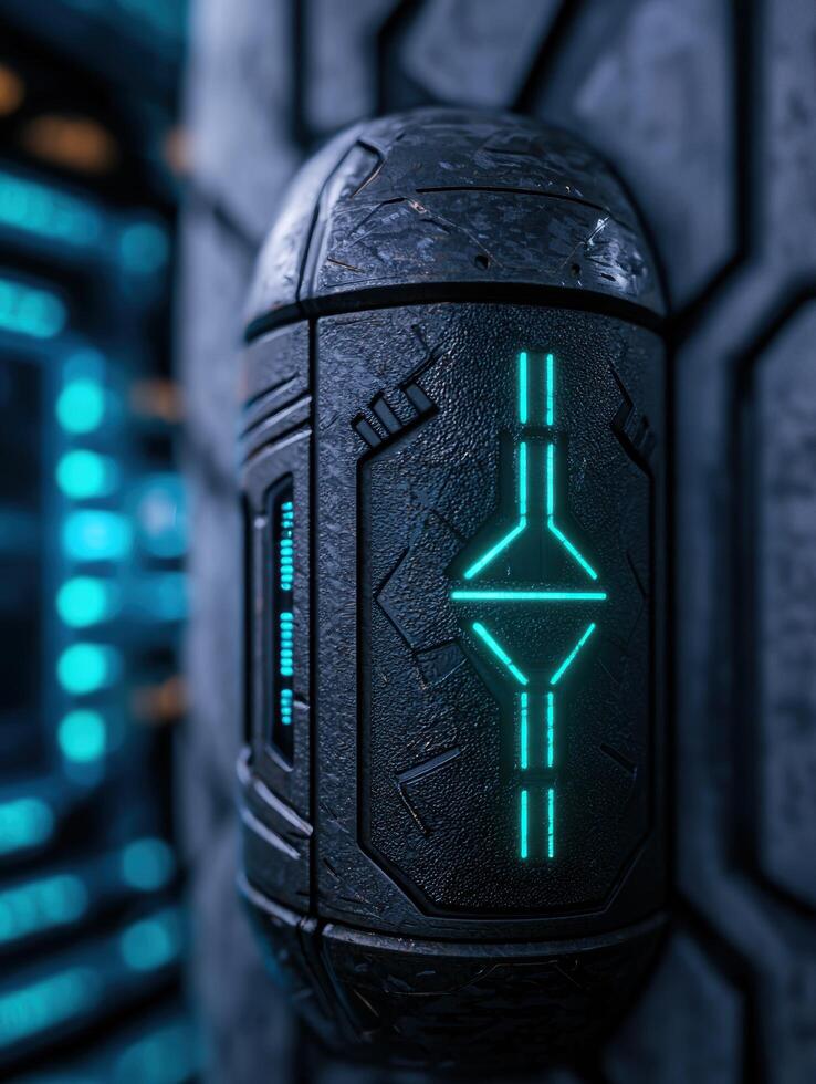 Futuristic sci fi helmet with glowing neon lights photo