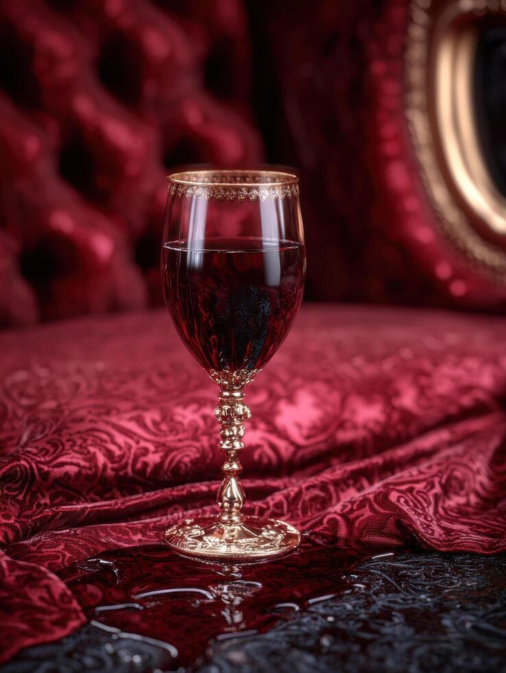 Elegant wine glass on luxurious red fabric photo