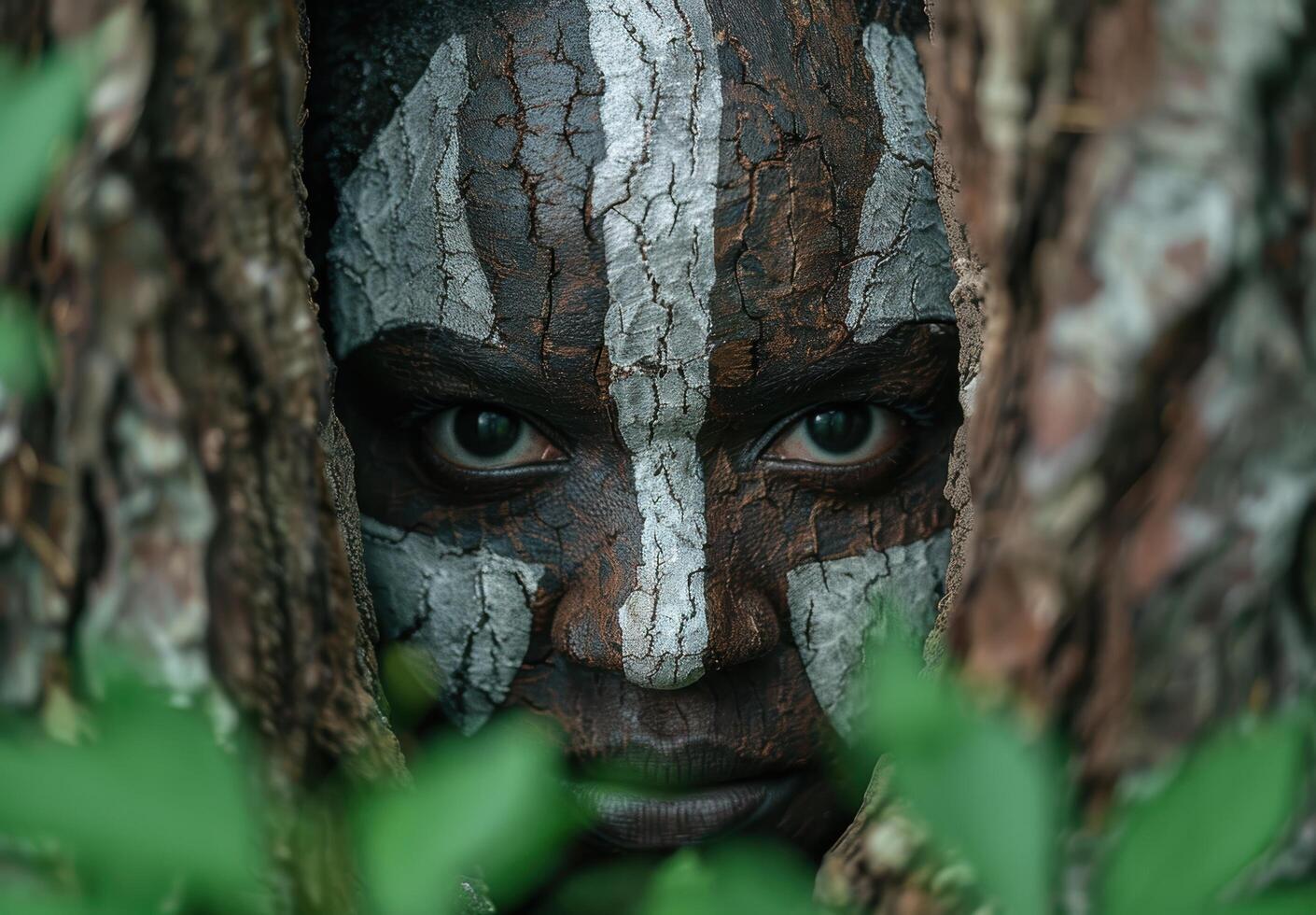 Mysterious eyes peering through tree bark photo