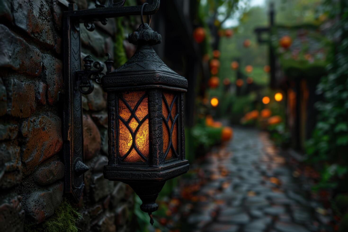 Glowing lantern on a stone wall in a forest photo