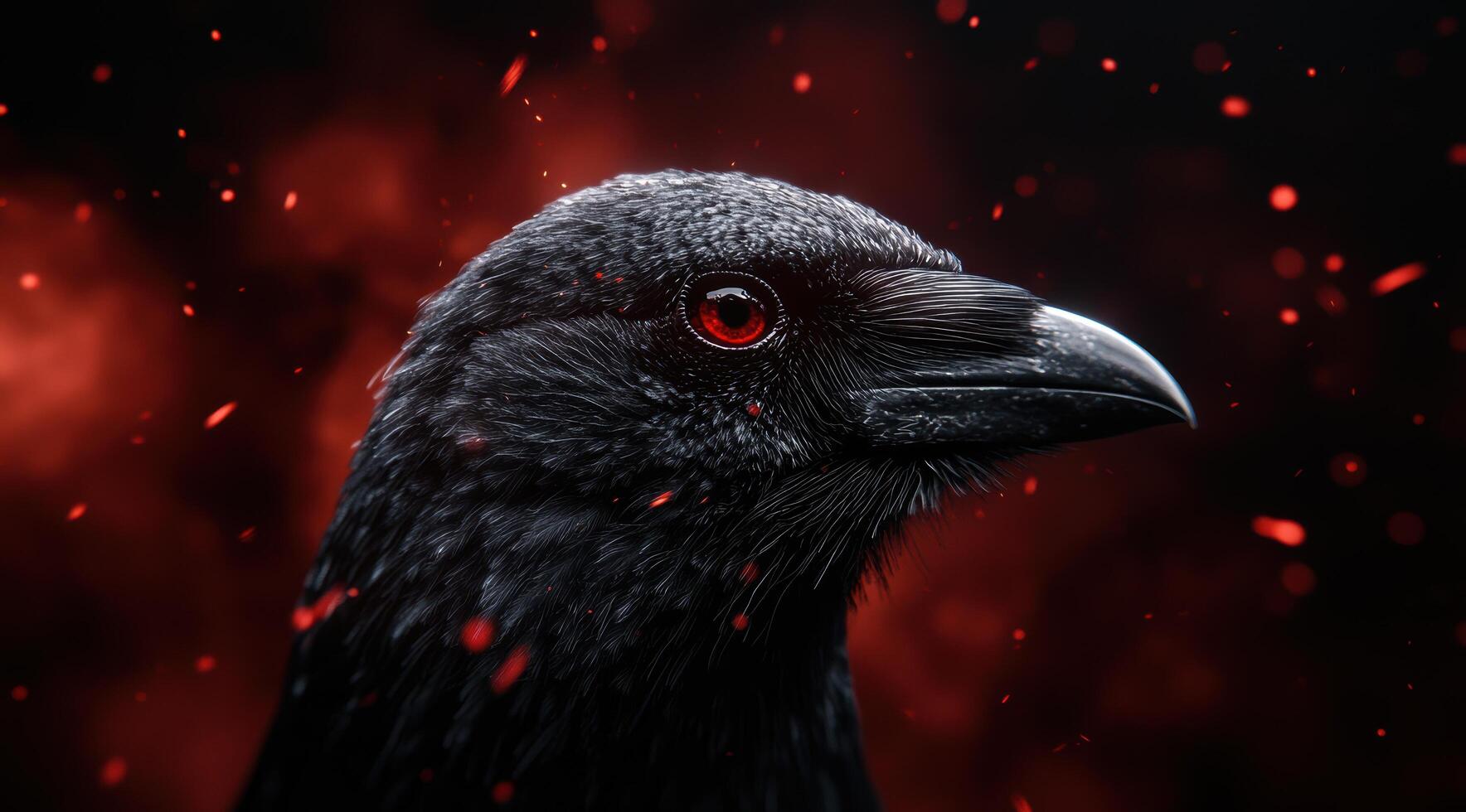 Raven with glowing red eyes in a dark, fiery background photo