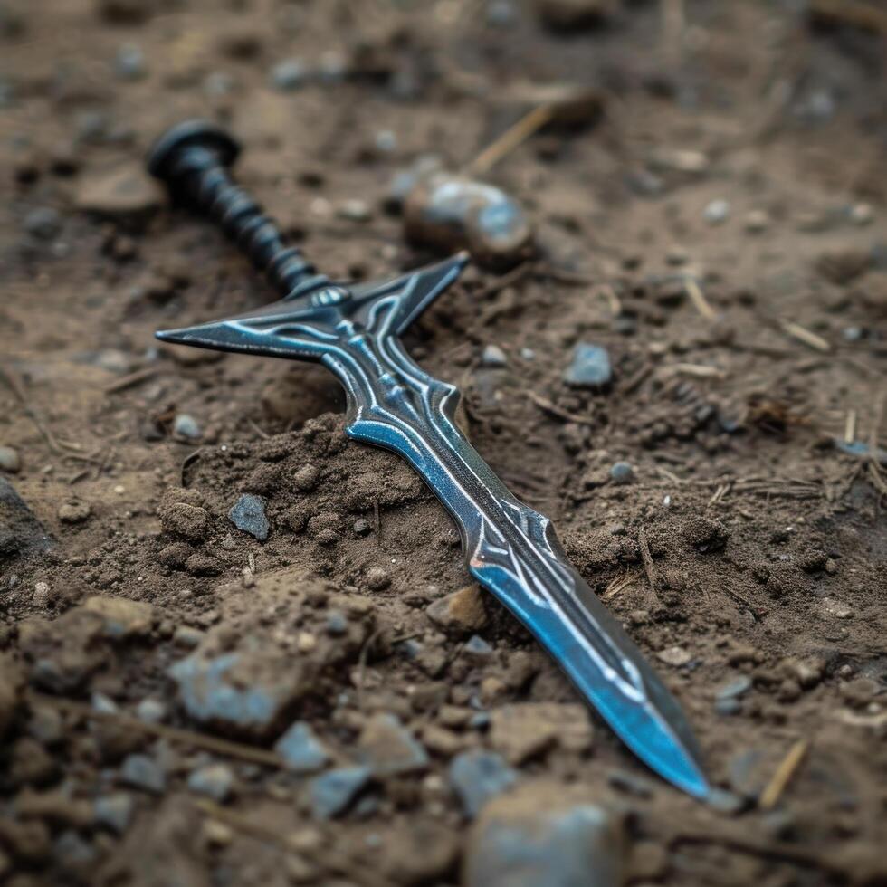 Ornate medieval sword stuck in the dirt photo