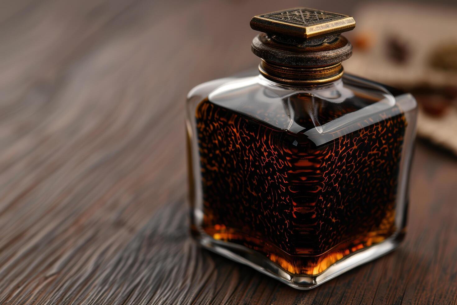 Luxury glass bottle of dark liquor on wooden table photo