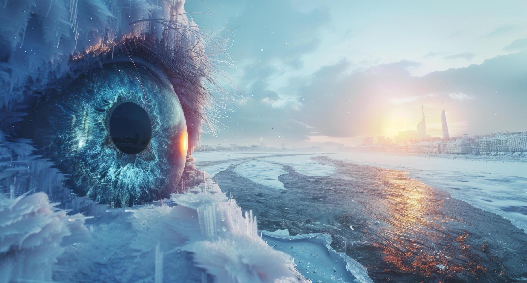 frozen winter landscape with eye of animal photo