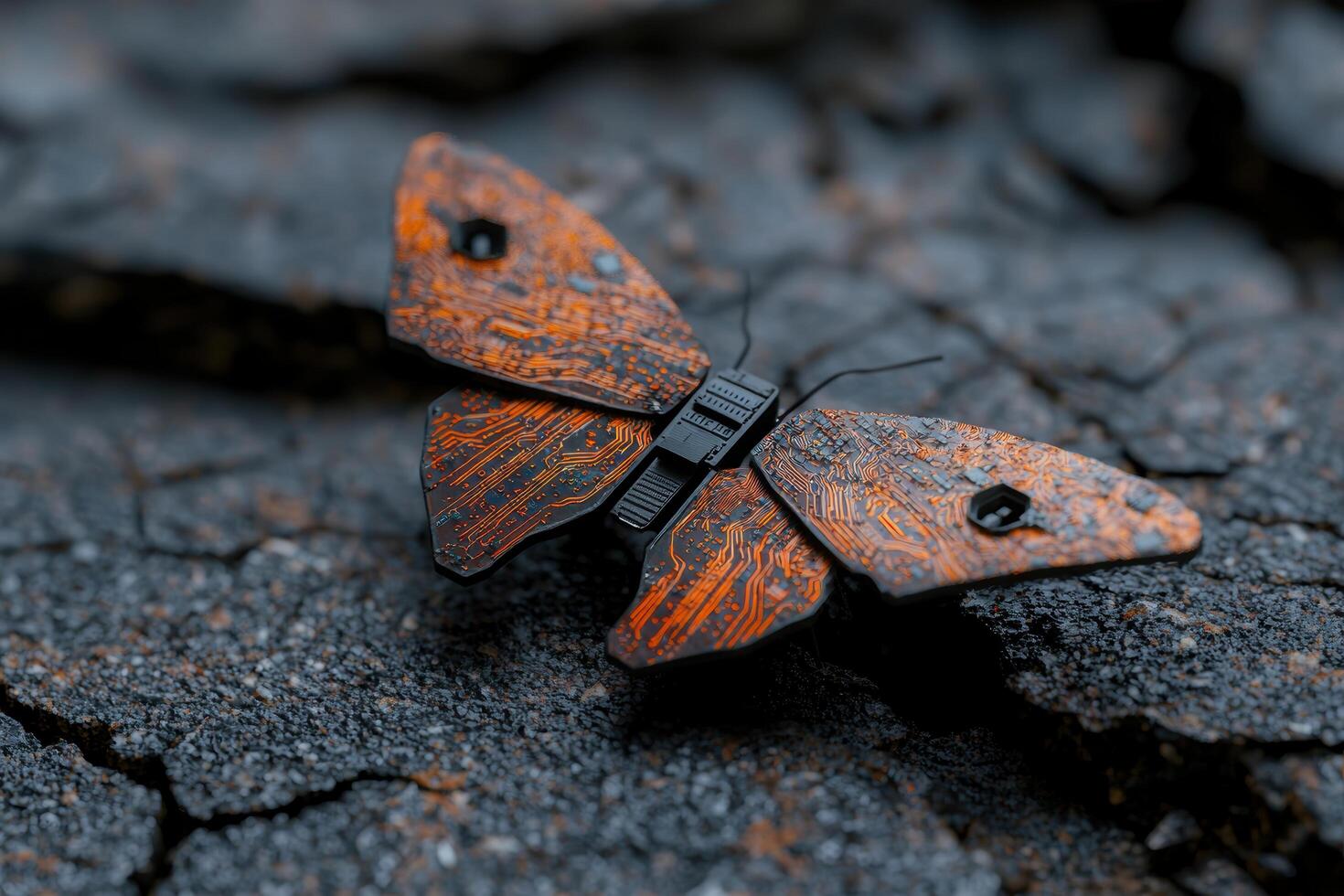 Futuristic circuit board butterfly on rocky surface photo
