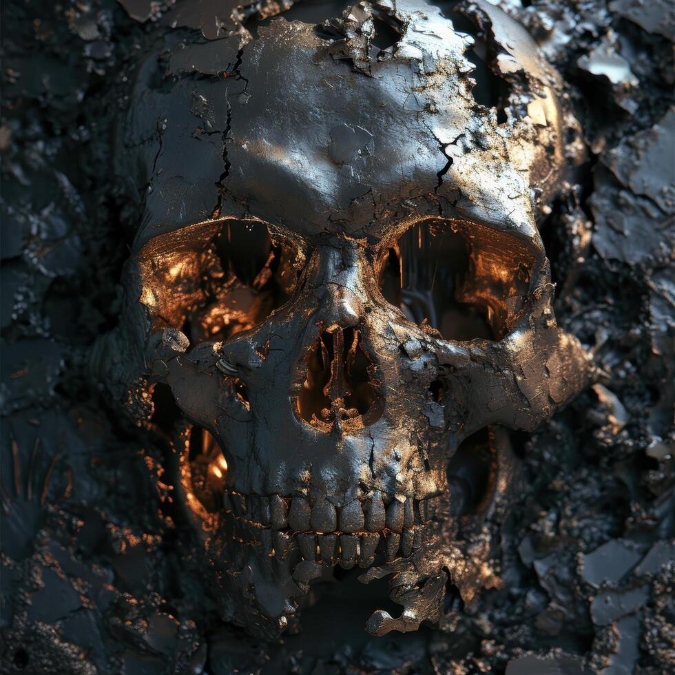 Grungy skull with cracked surface and golden highlights photo