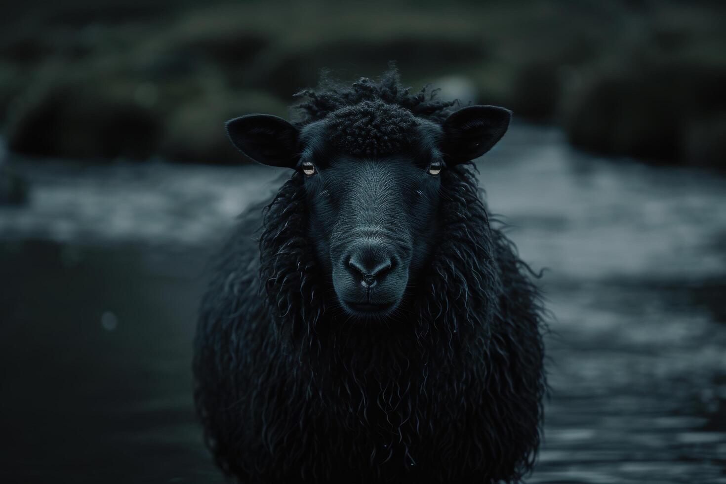 Mysterious black sheep with intense gaze photo