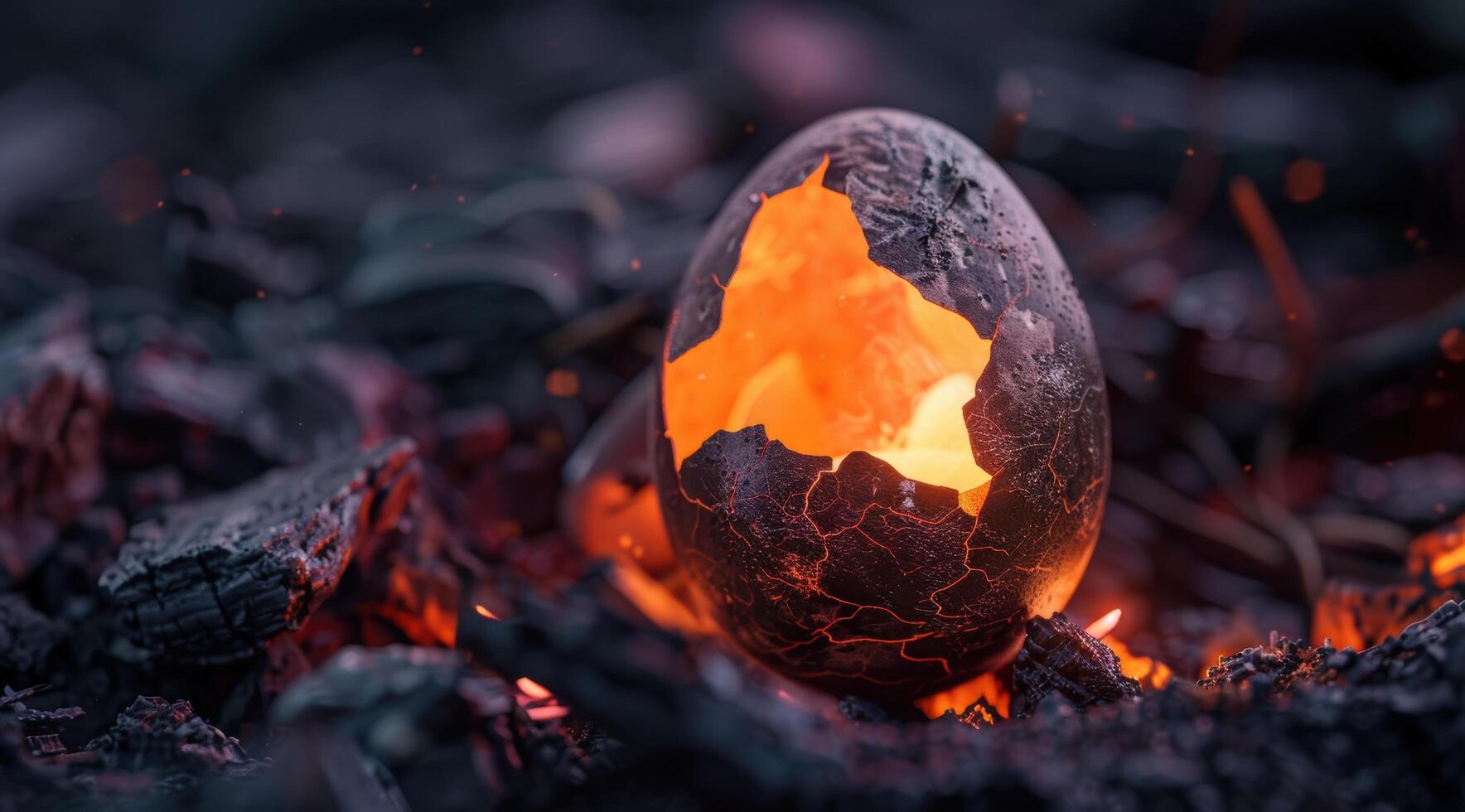 Cracked volcanic egg glowing from within photo