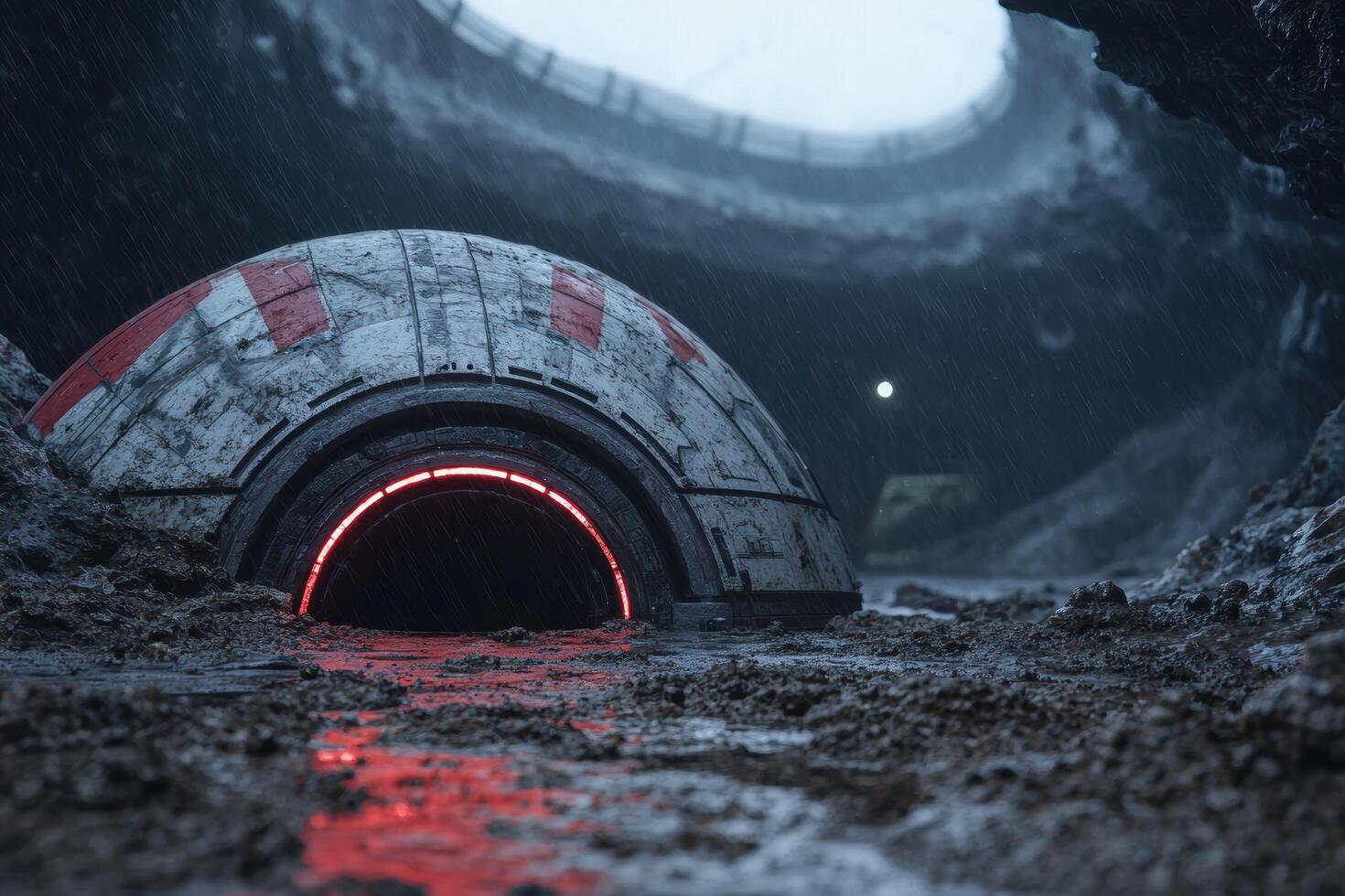 Mysterious sci fi portal in snowy landscape photo