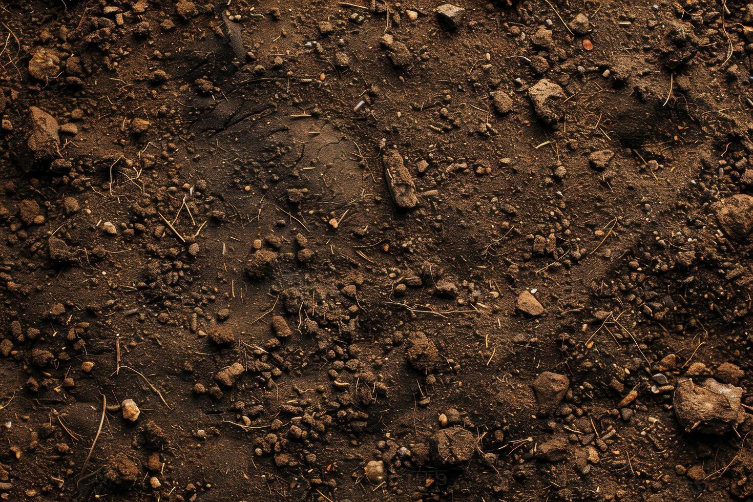 Detailed view of dark brown soil texture with stones and plant debris photo