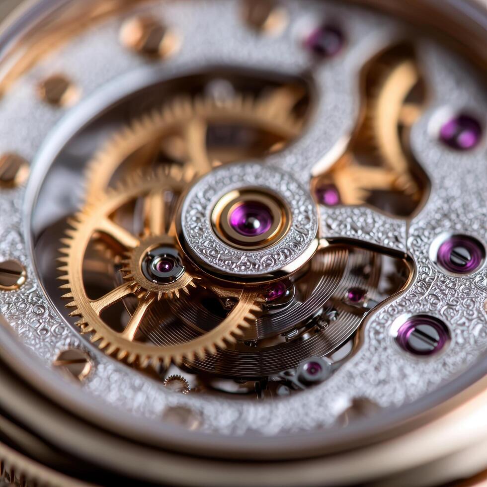 Intricate watch mechanism with gears and jewels photo