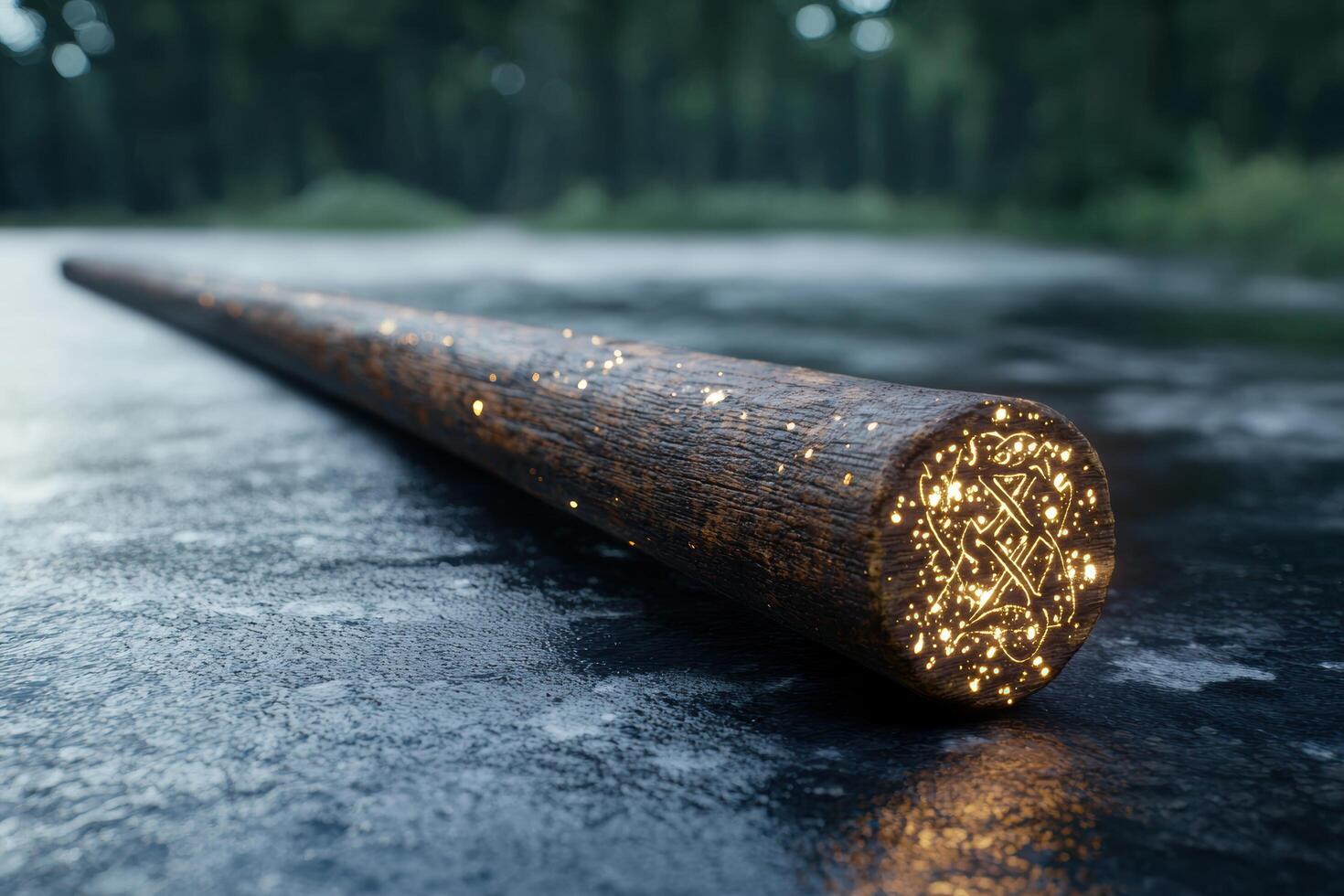 Glowing wooden log on wet surface photo