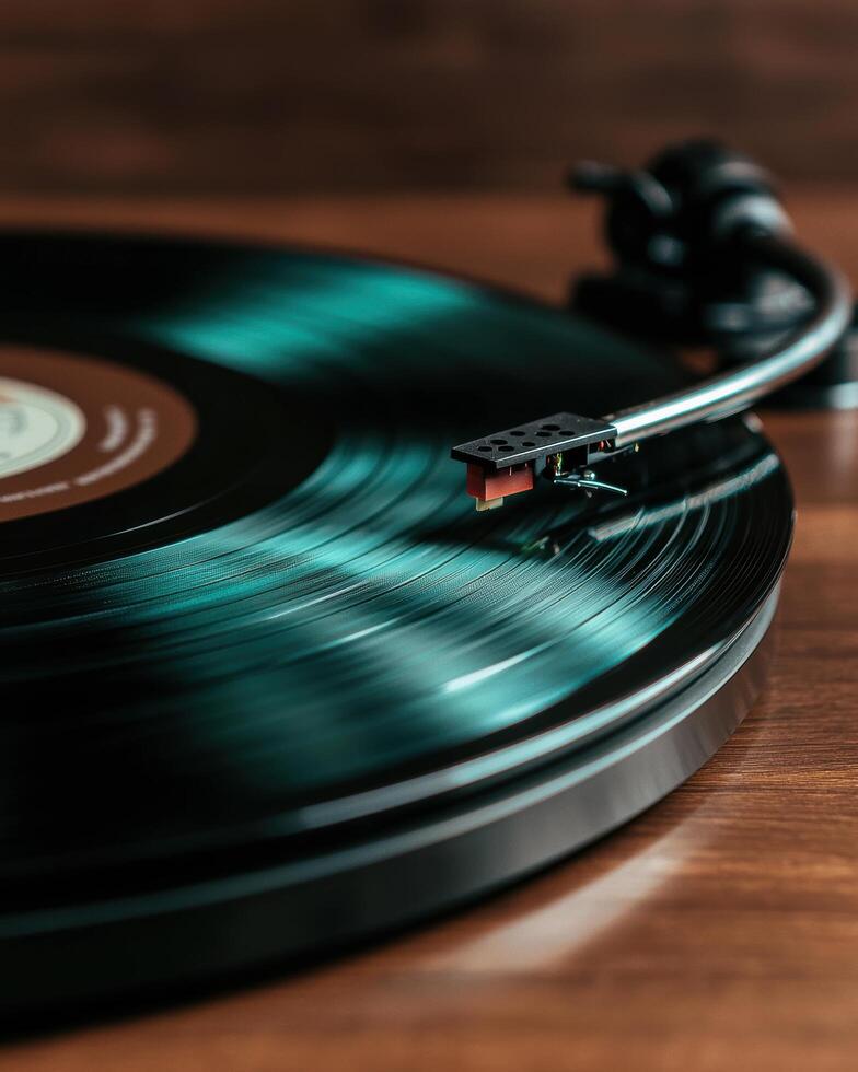 Vintage vinyl record player spinning a turquoise vinyl record photo