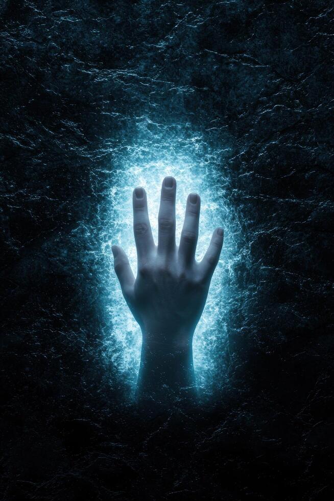 Mysterious hand emerging from dark water photo