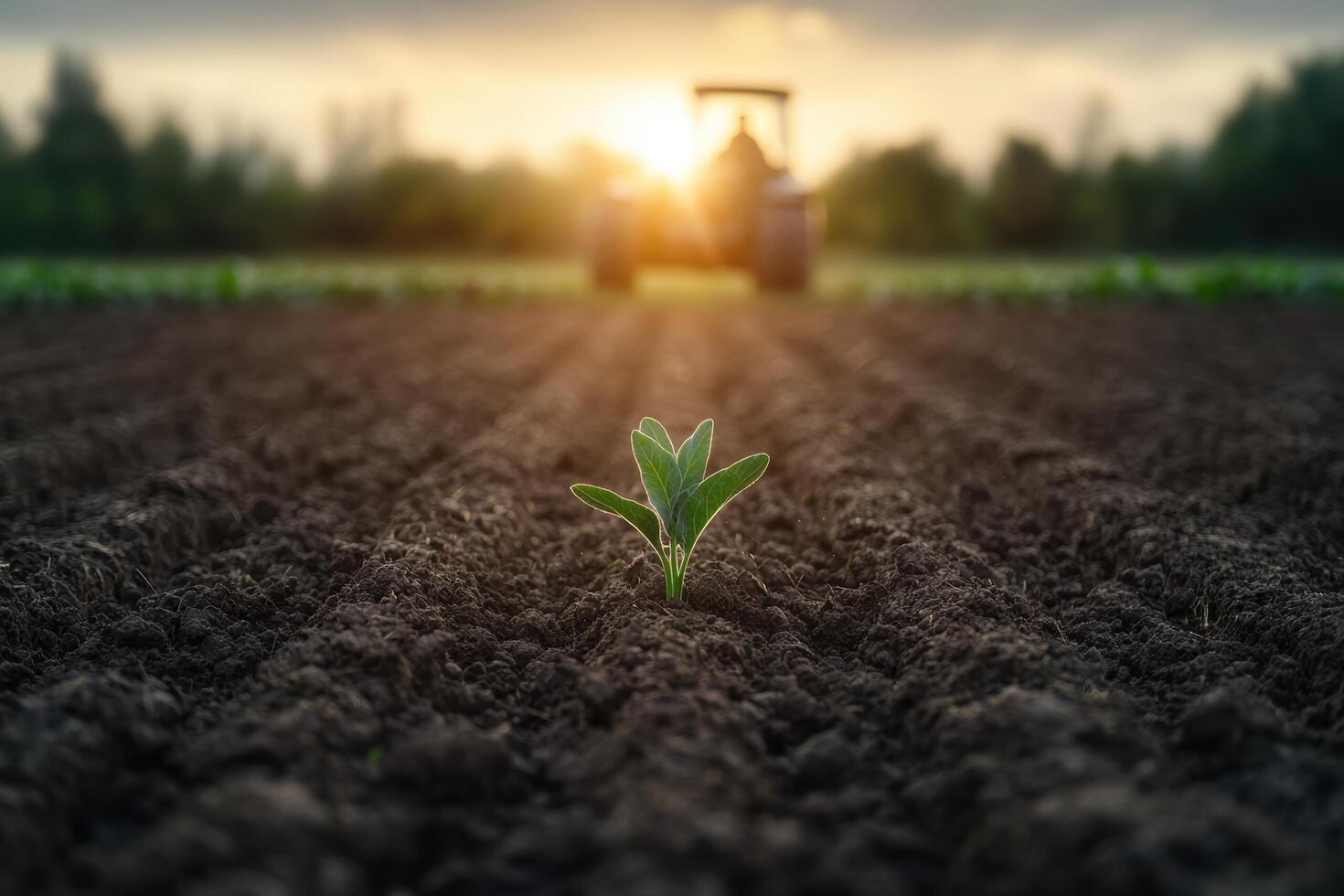 Sprouting seedling in plowed field at sunset photo
