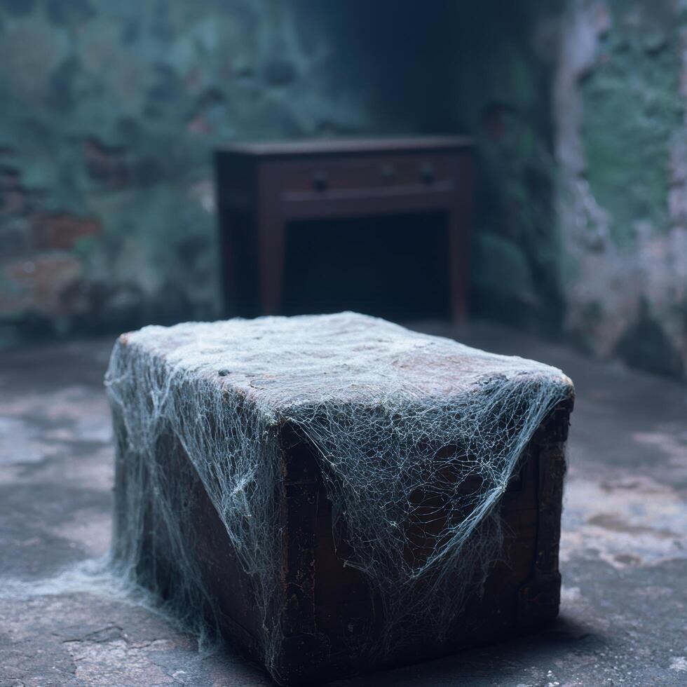Mysterious object covered in cobwebs in a dark forest photo
