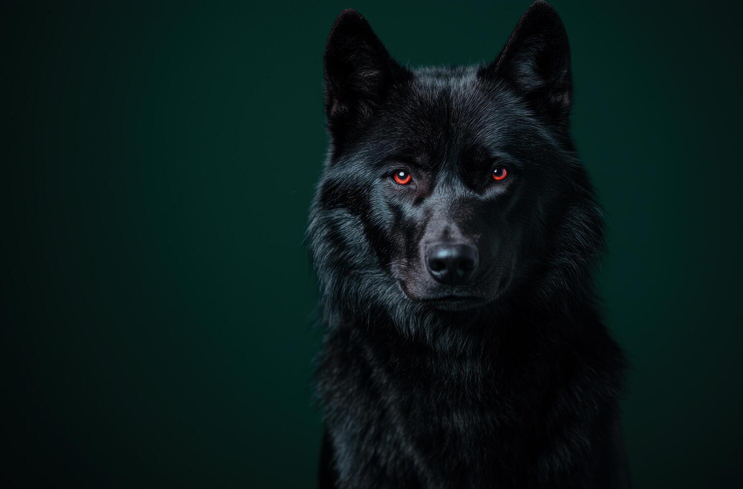 Intense black wolf with glowing red eyes photo