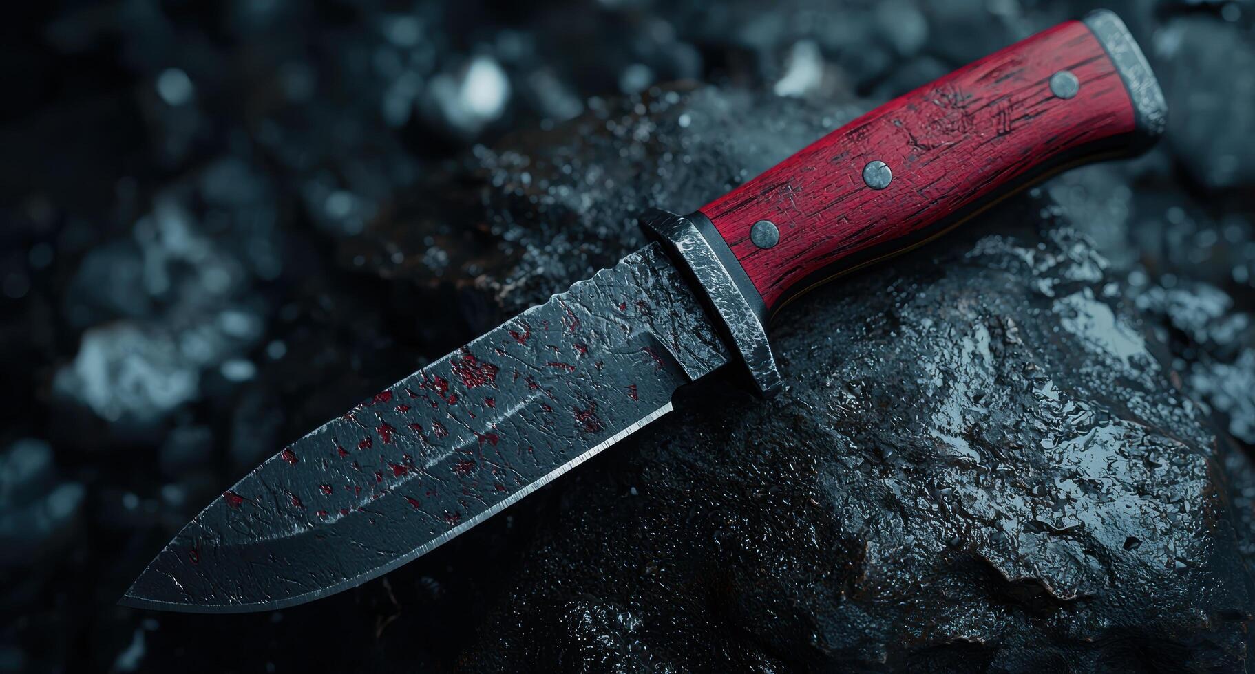 Rugged survival knife with red wooden handle on snowy background photo