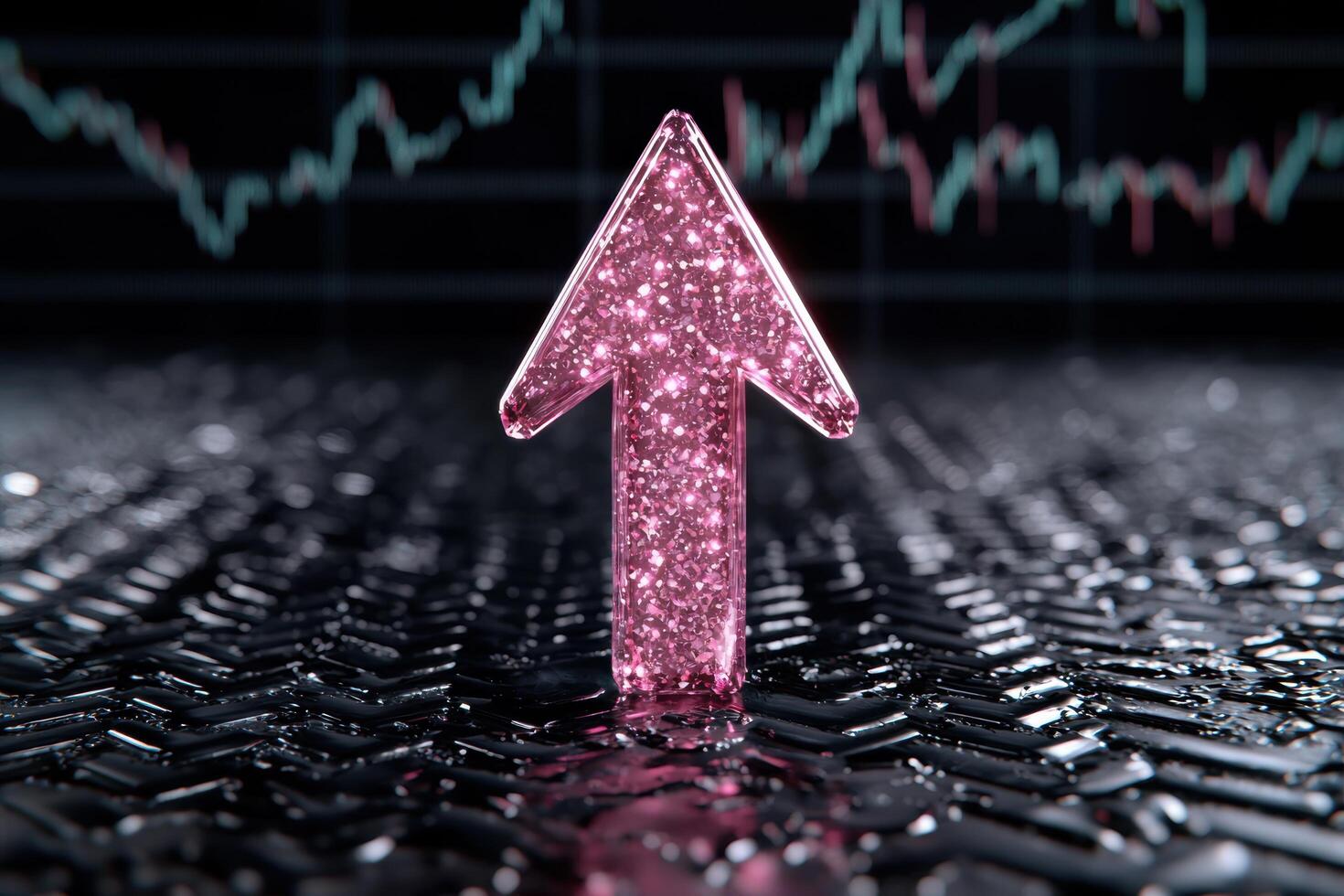 Sparkling pink arrow pointing upwards on dark background photo