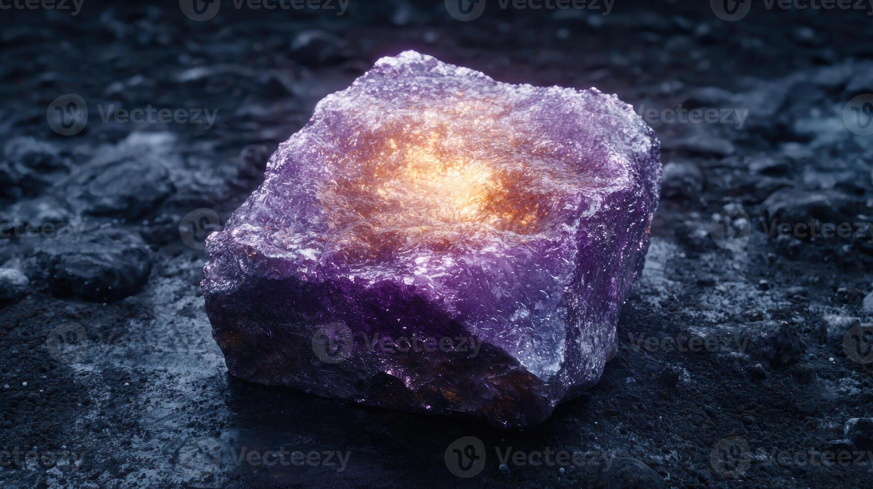 Glowing amethyst crystal on dark background photo