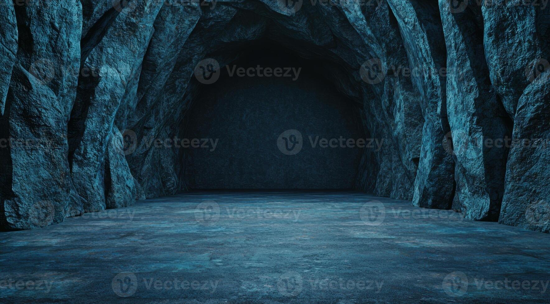 Mysterious dark cave with glowing blue water photo