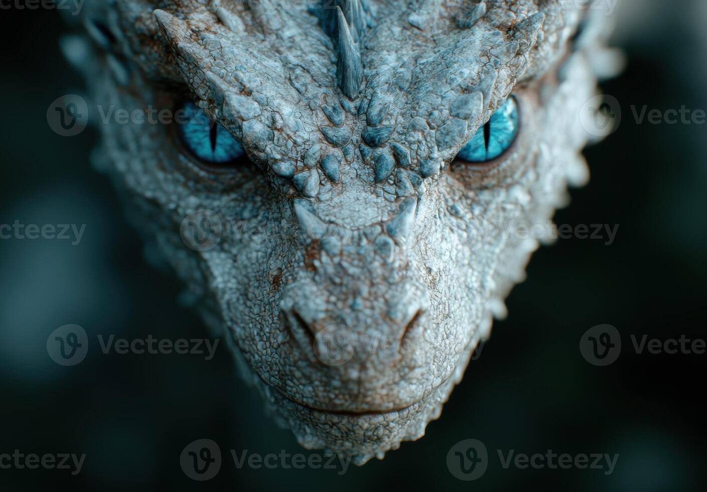Closeup of a dragons face with piercing blue eyes photo