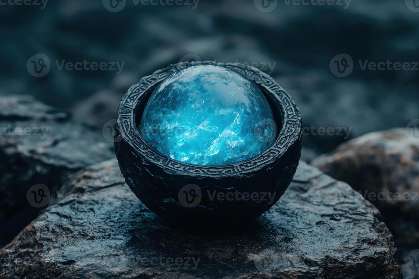 Mystical crystal ball in a dark fantasy landscape photo