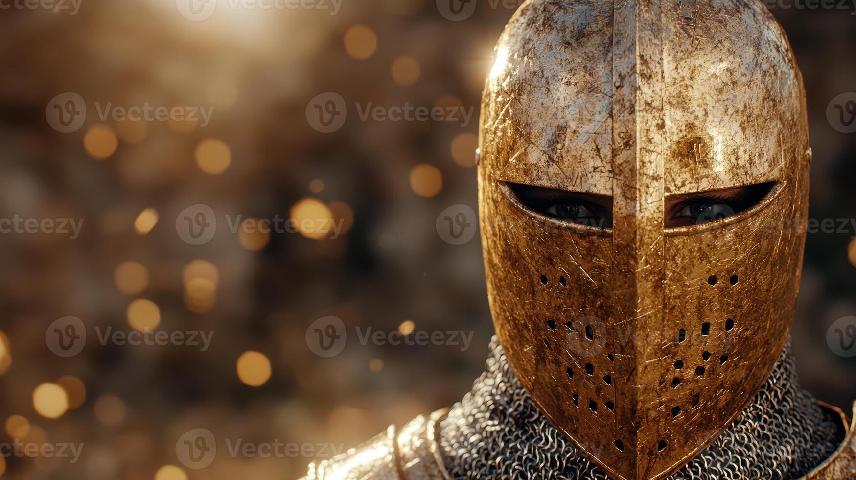 Mysterious golden knight in armor with glowing background photo