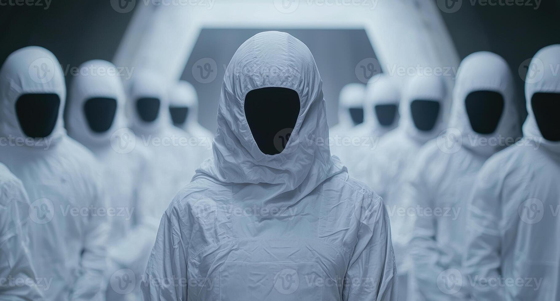 Mysterious hooded figures in white photo