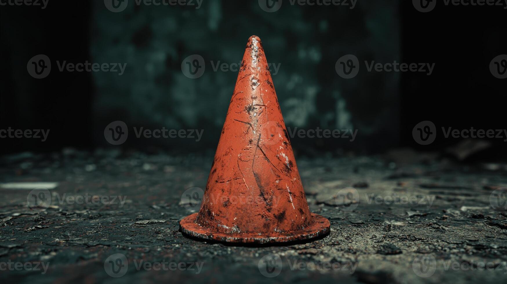 Weathered orange traffic cone on dark pavement photo