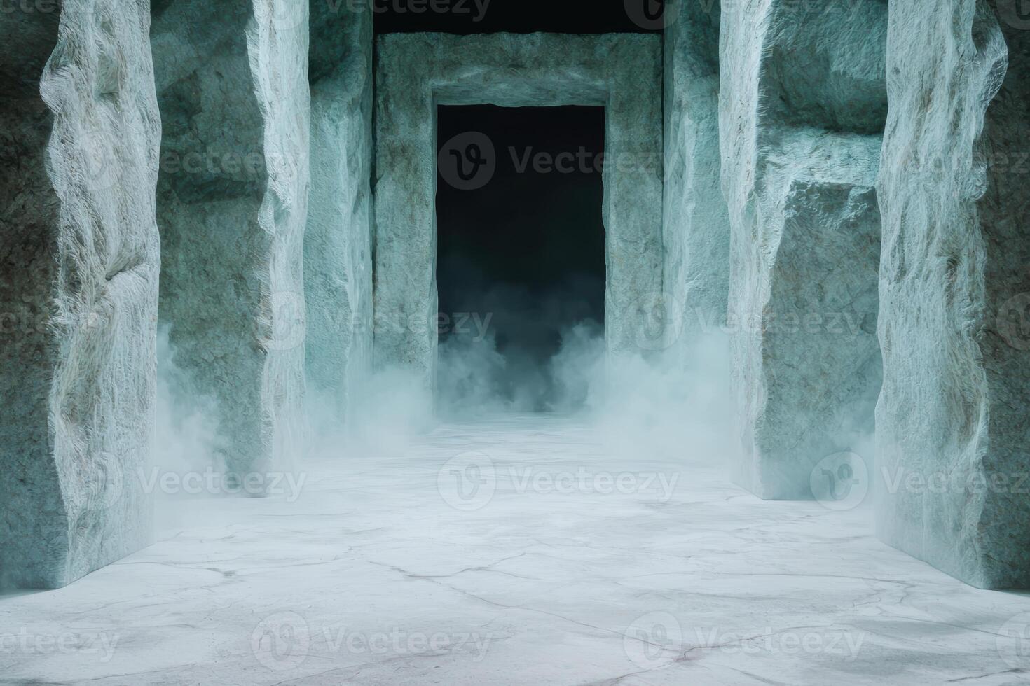 Mysterious icy cave entrance with mist photo