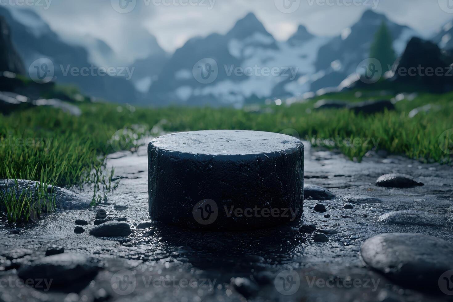 Serene mountain landscape with a black stone in the foreground photo