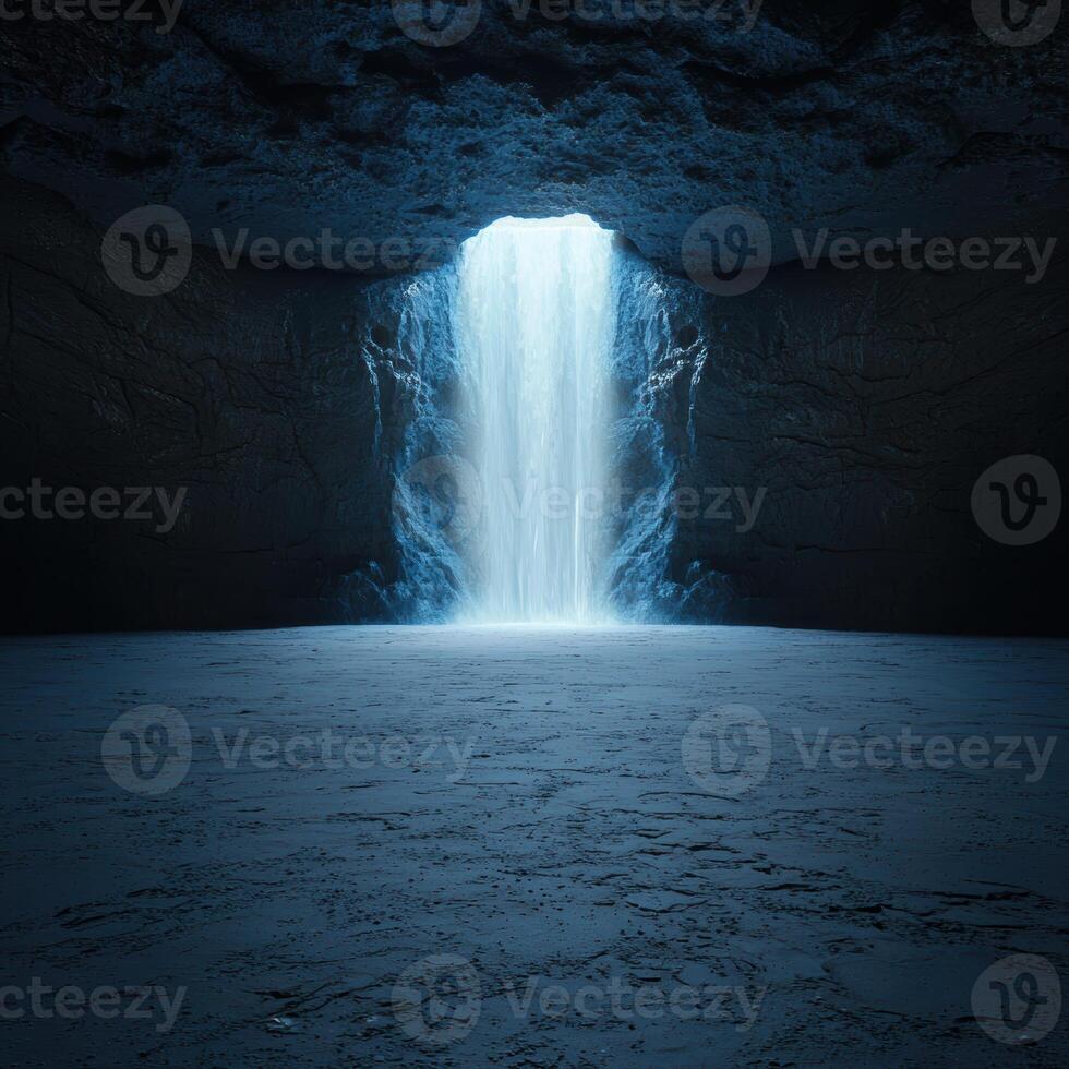 Majestic underground waterfall in a dark cave photo
