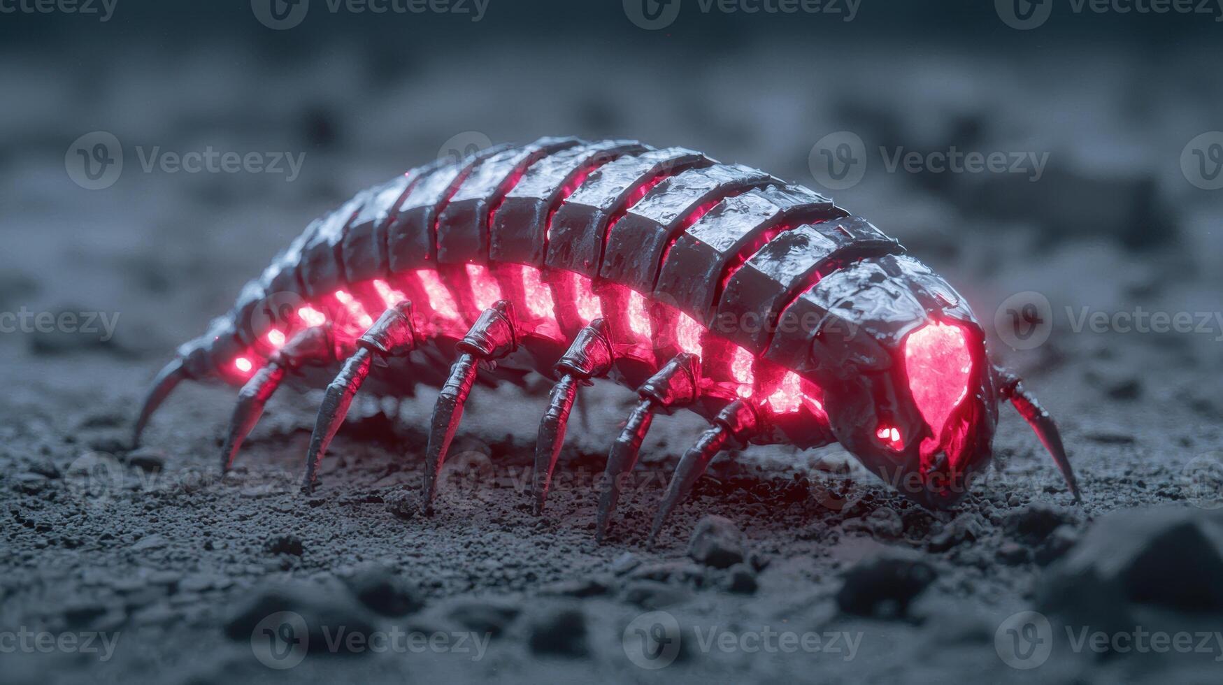 Glowing alien creature crawling on dark surface photo