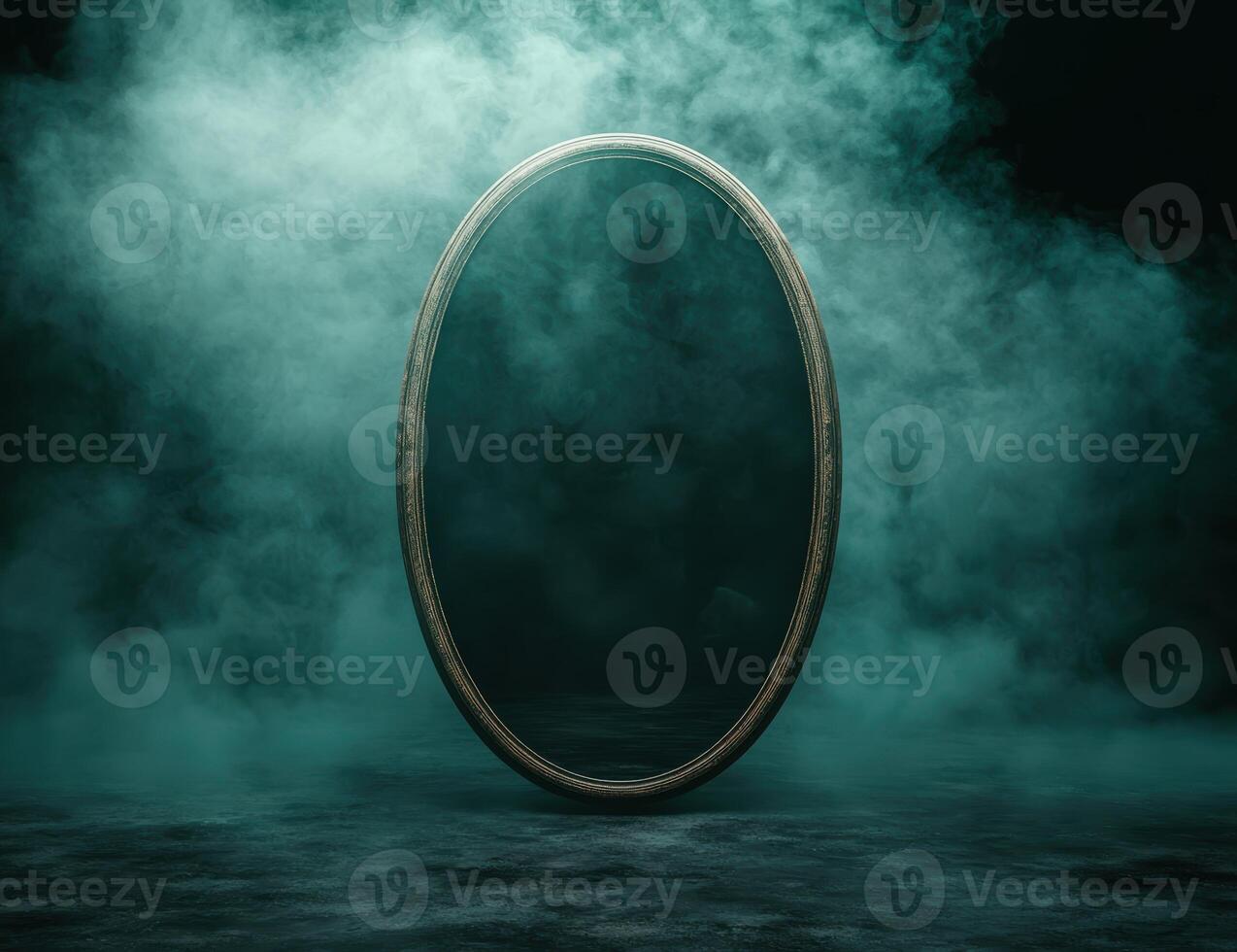 Mysterious oval mirror in misty atmosphere photo