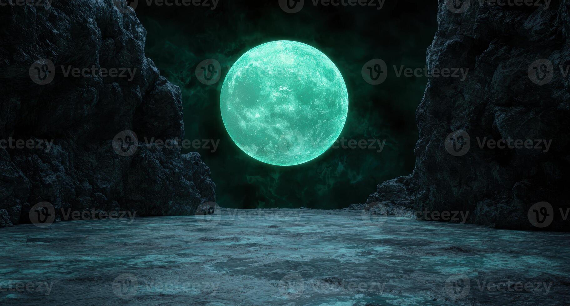 Glowing green moon over dark rocky landscape photo