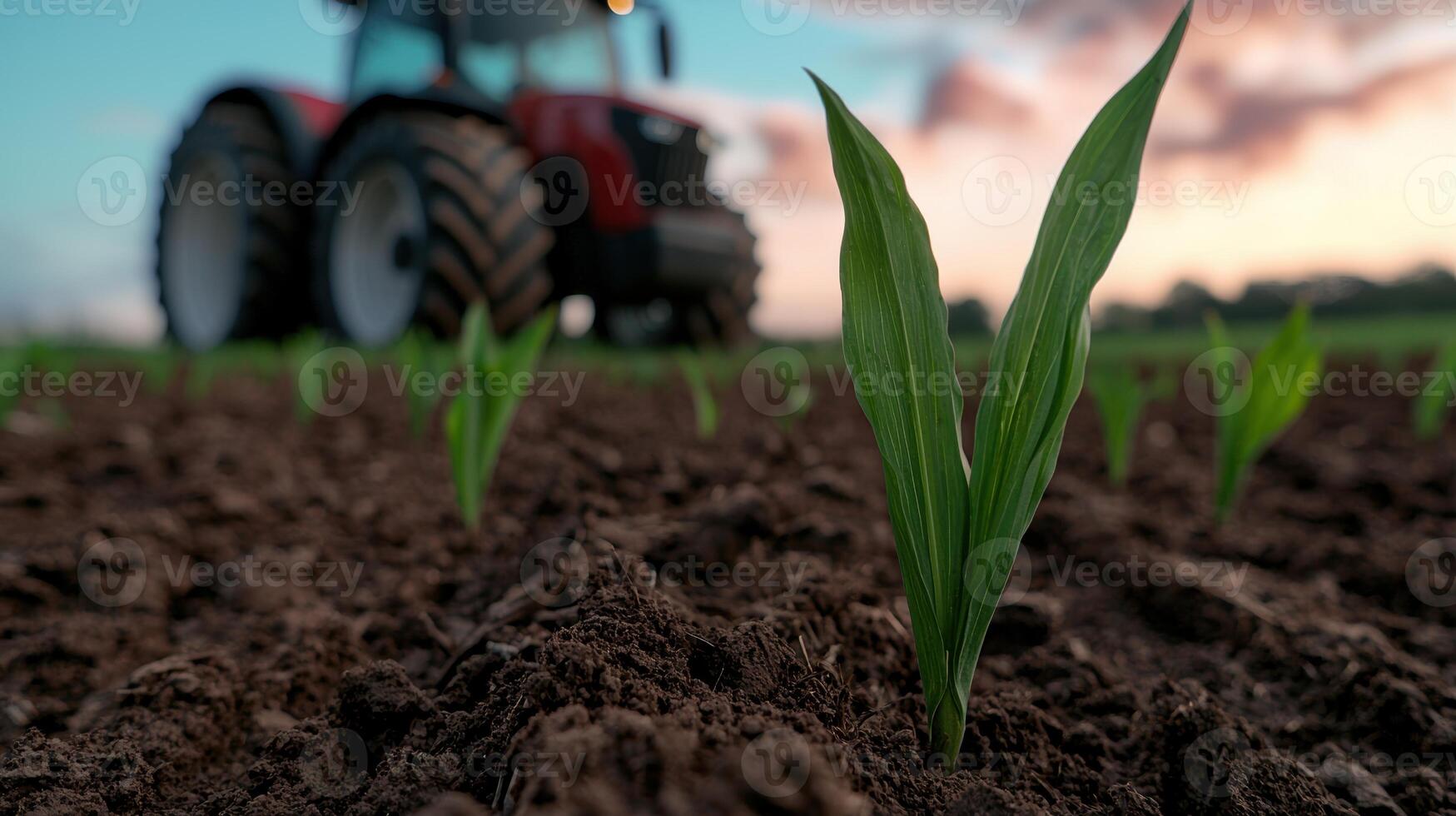 tractor plowing field with sprouting crops photo