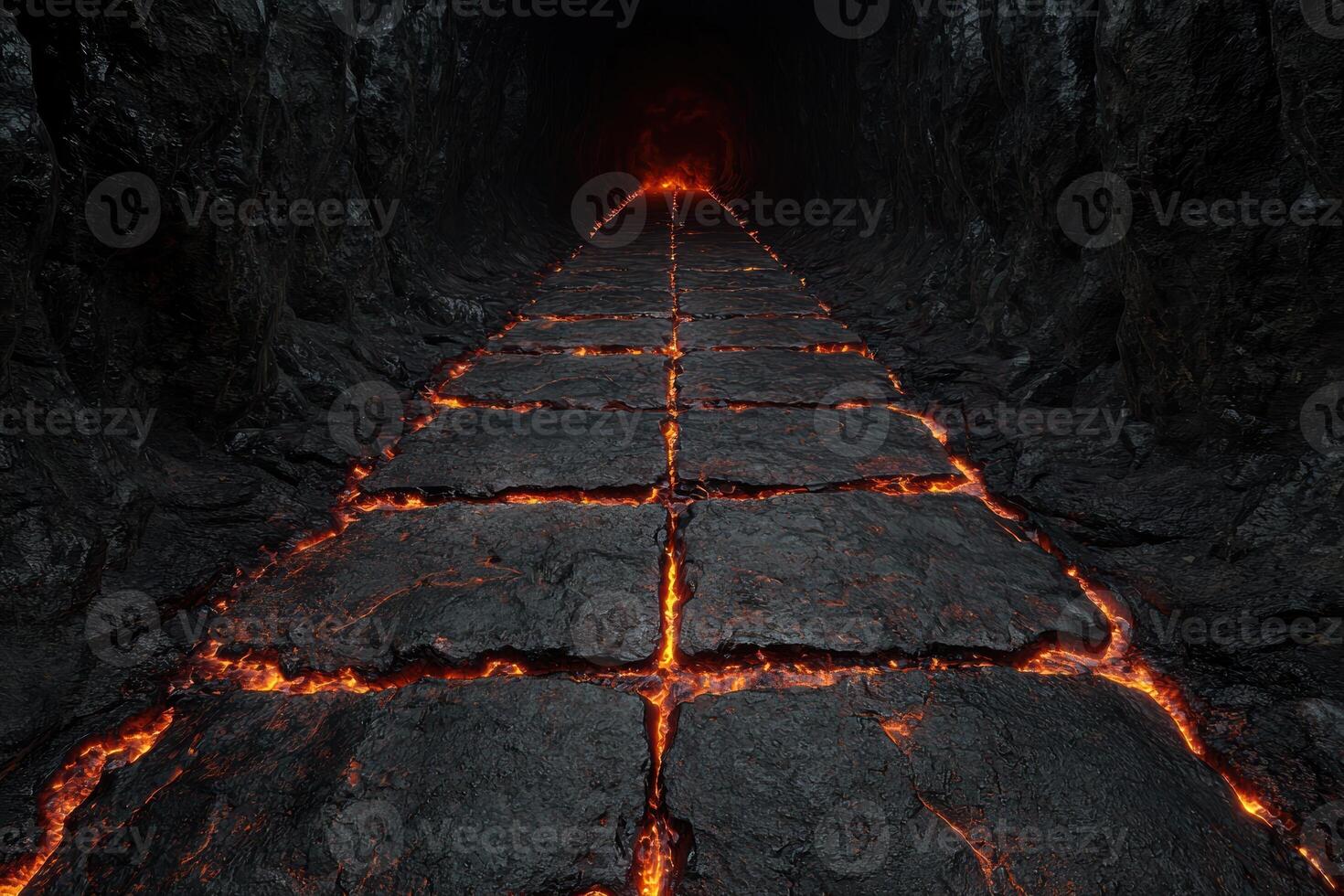 Fiery path through dark cave photo