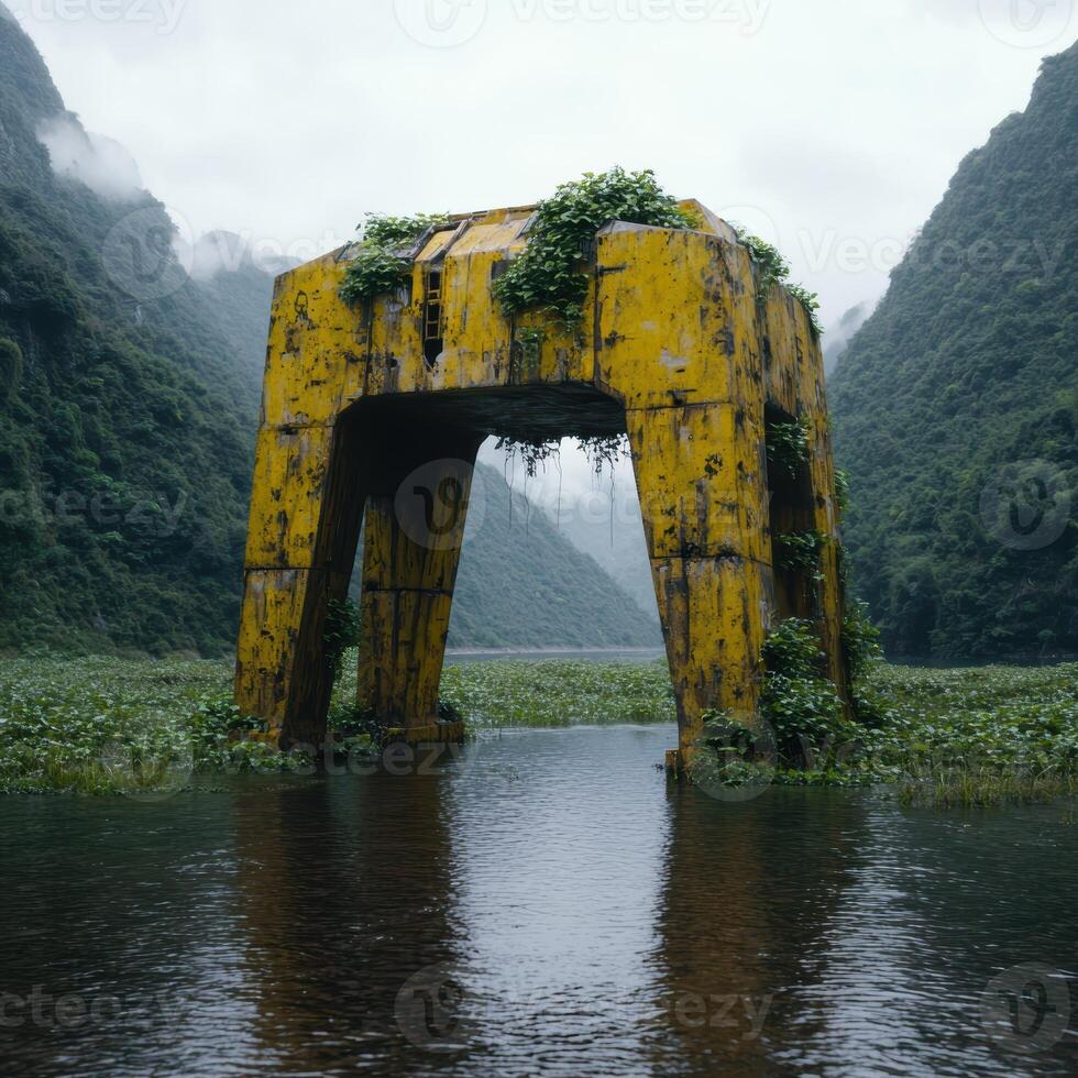Abandoned structure in misty mountain landscape photo