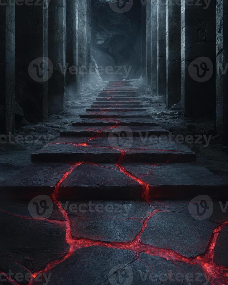 Mysterious dark staircase with glowing red cracks photo