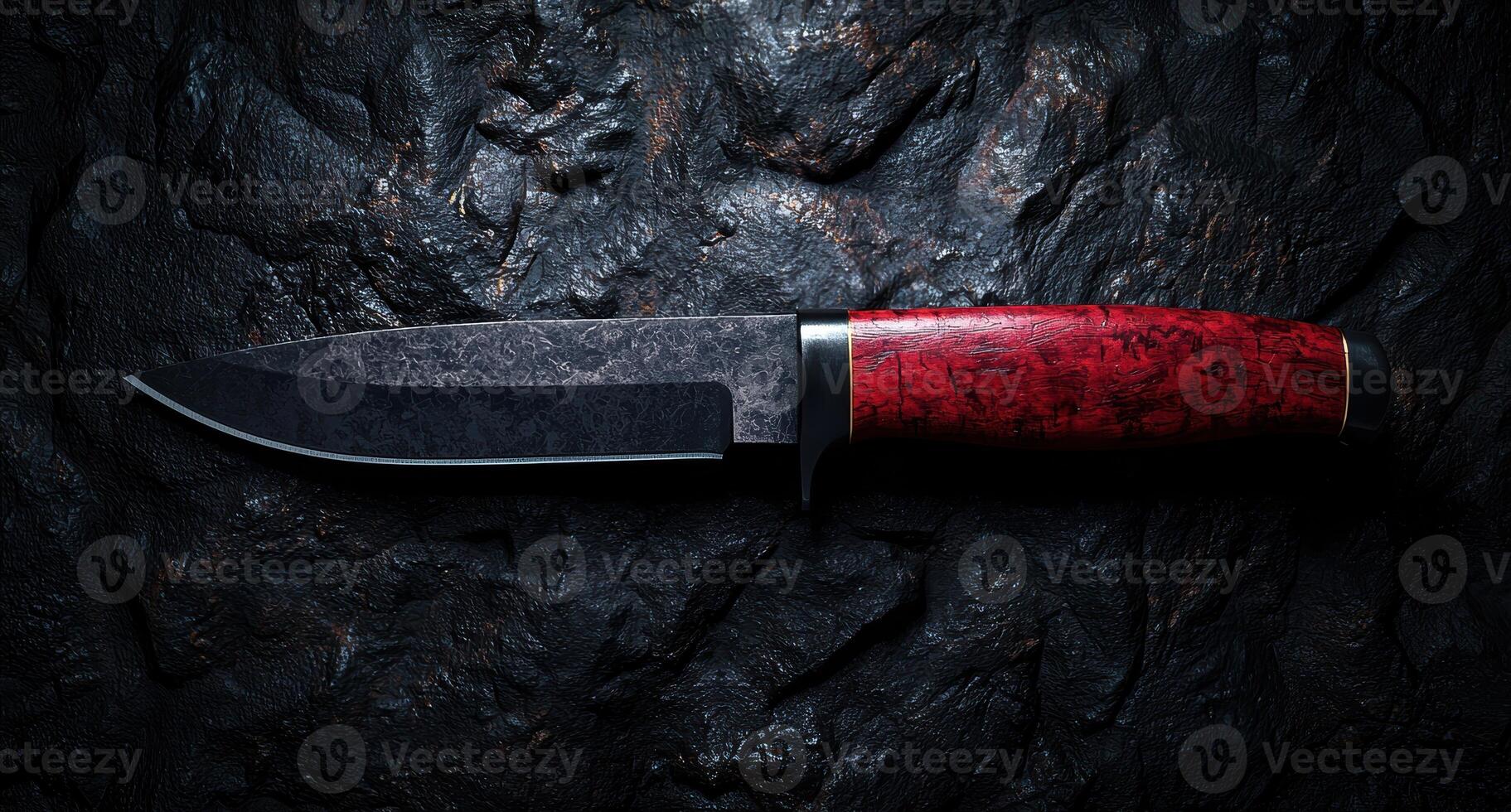 Closeup of a sharp knife with a red wooden handle on a dark background photo