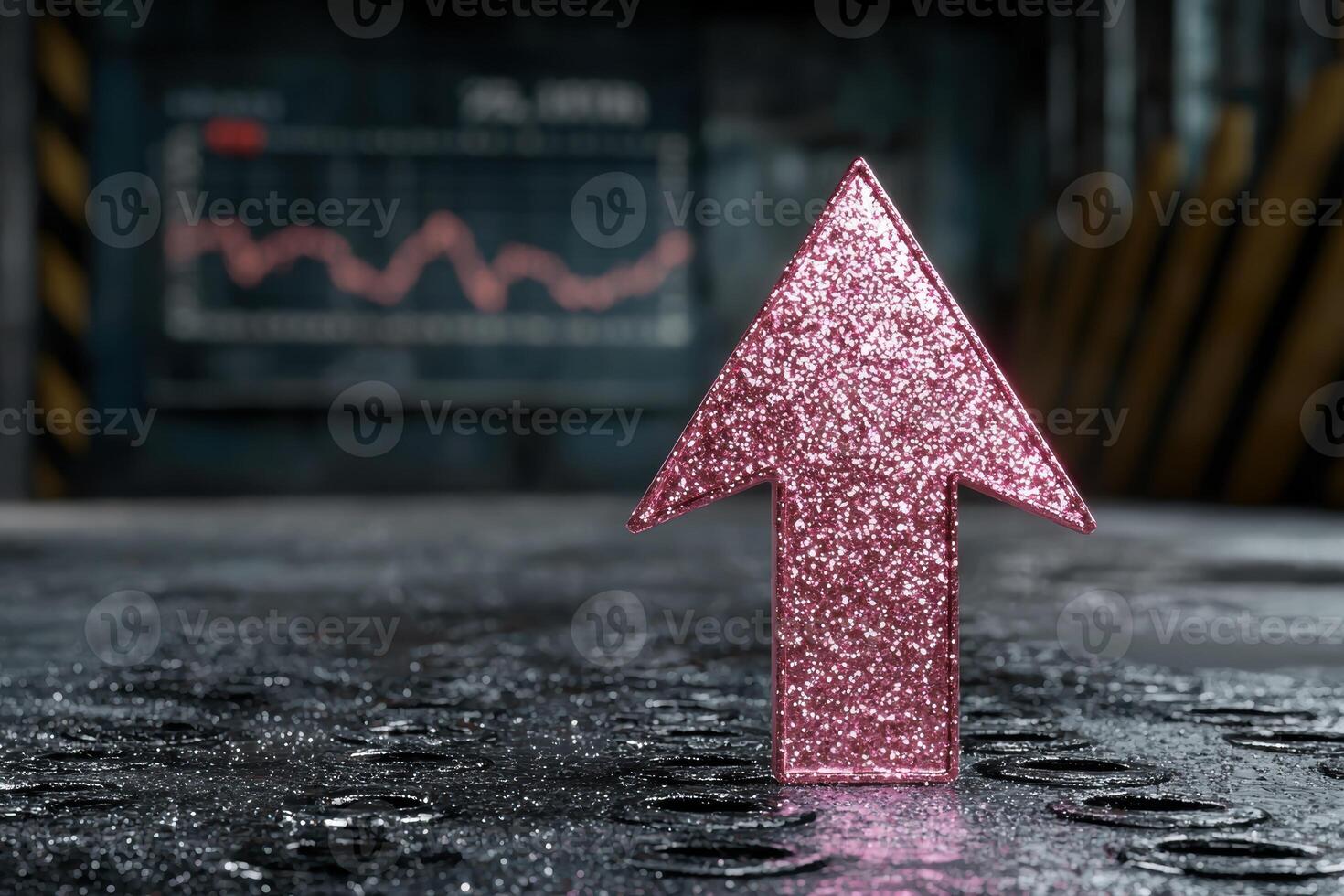 Glittering pink arrow pointing up on dark background photo