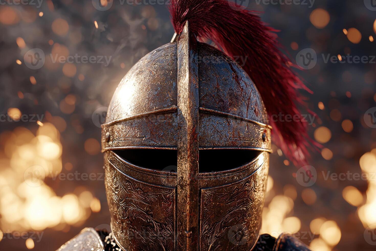 Ornate golden medieval helmet with red feathers photo