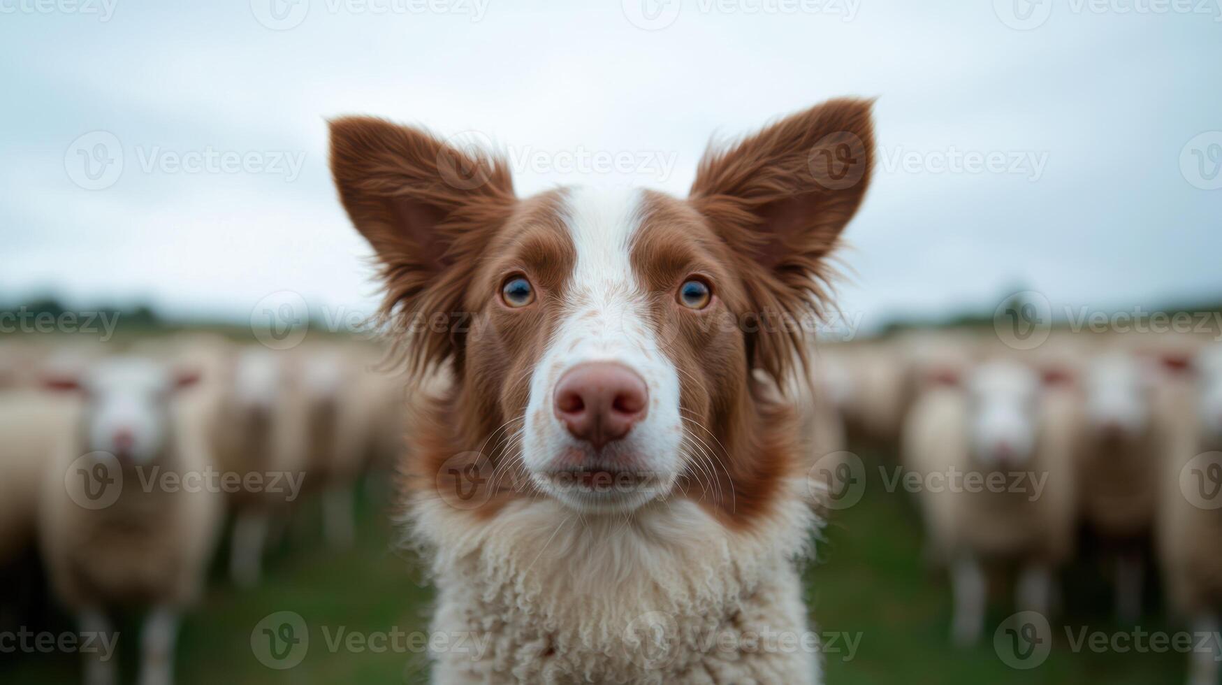 Curious dog in a field of sheep photo