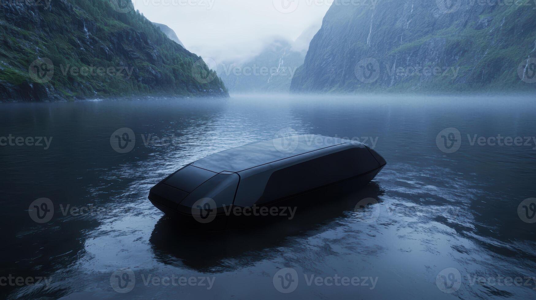 Futuristic black submarine floating on serene lake surrounded by mountains photo