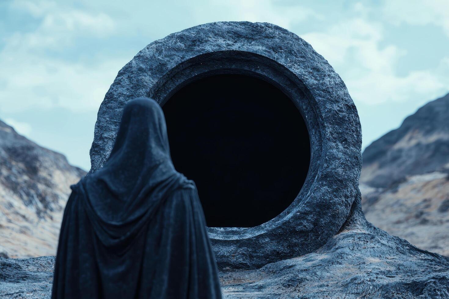 Mysterious figure in dark cloak approaching a large, ominous stone archway photo