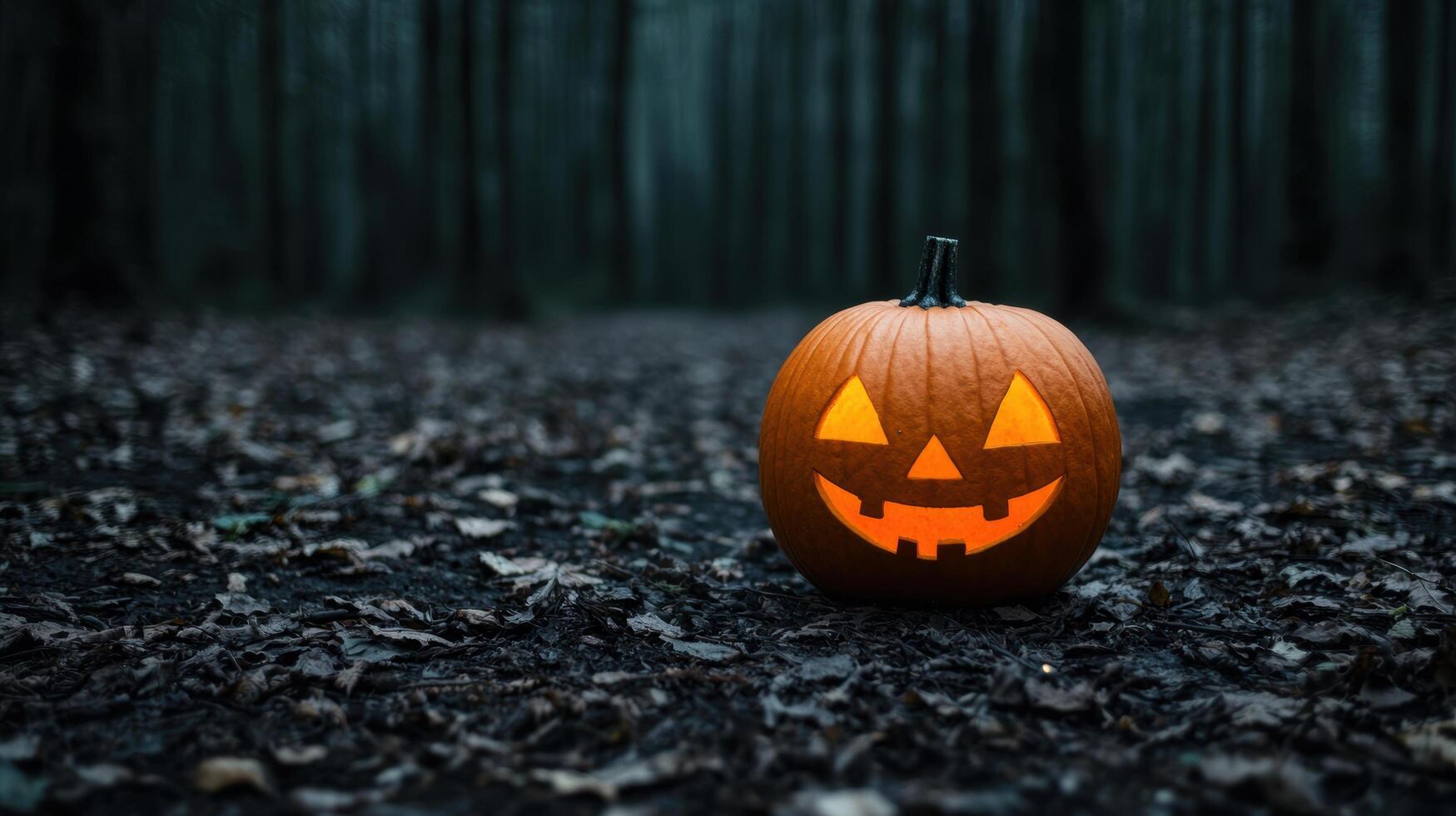 Glowing jack o lantern in dark forest photo
