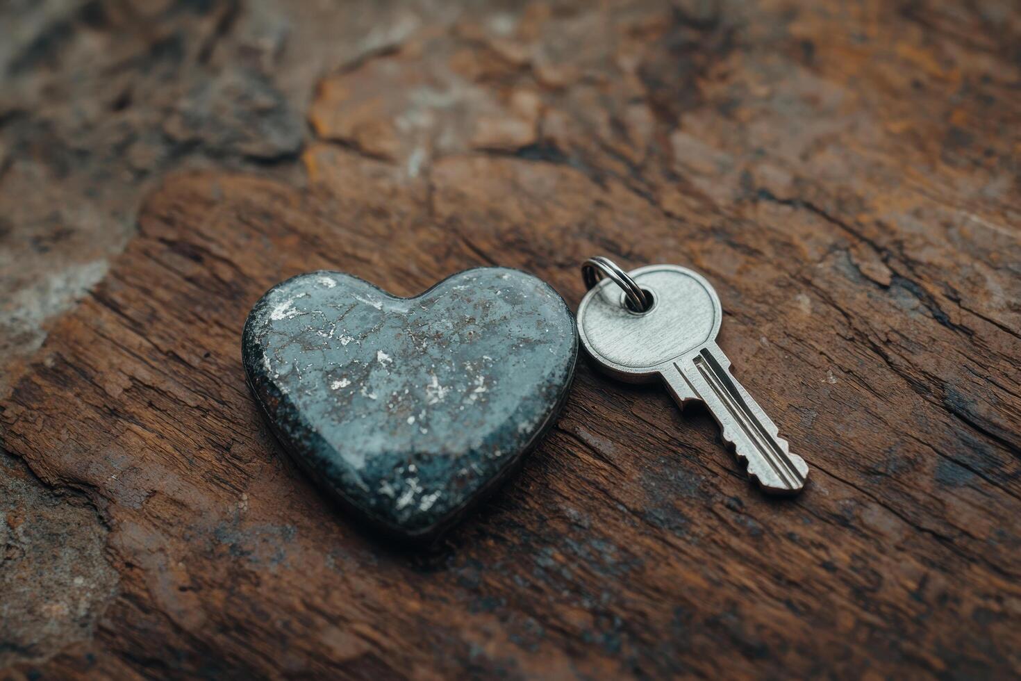 Heart shaped stone with a key on a wooden surface photo